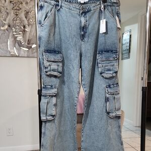 Good American Light Blue Straight Leg Cargo Jeans